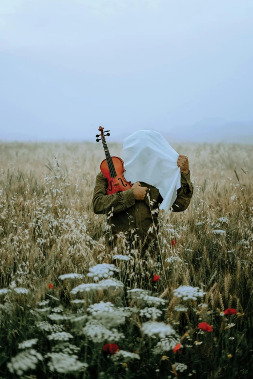 a man playing the violin in a field with tall grass