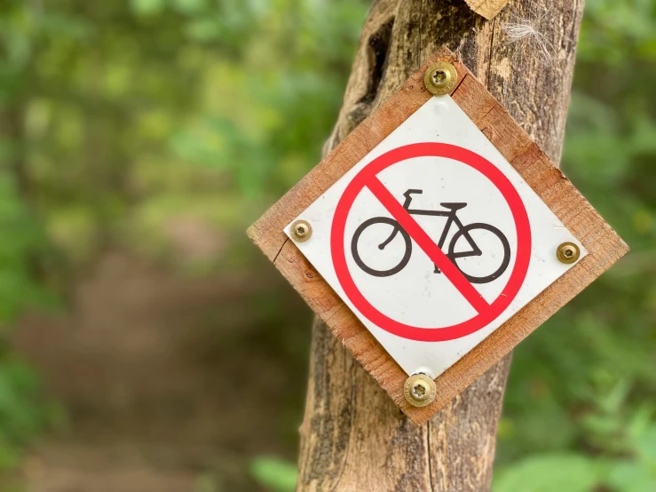 a no cycling sign attached to a wooden pole