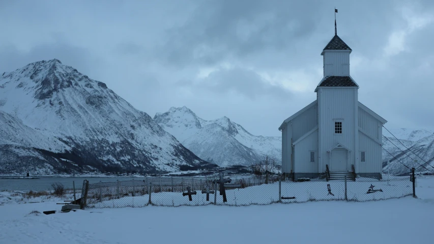 a white church on a snowy day