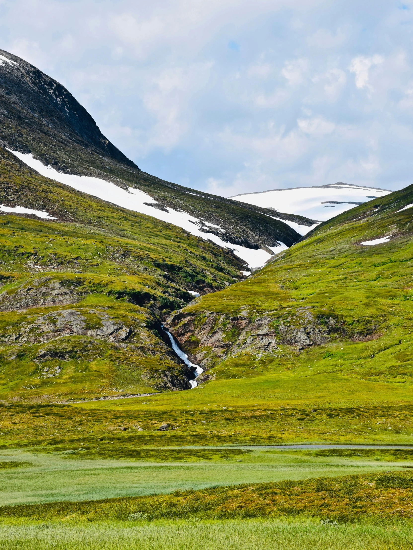 a valley with snow capped mountains and lush green grass