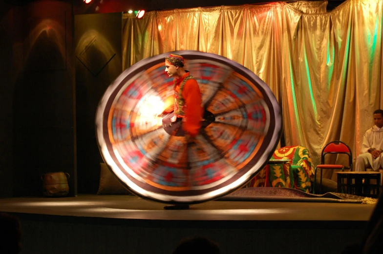 a spinning wheel is a display device and a man stands on a stage