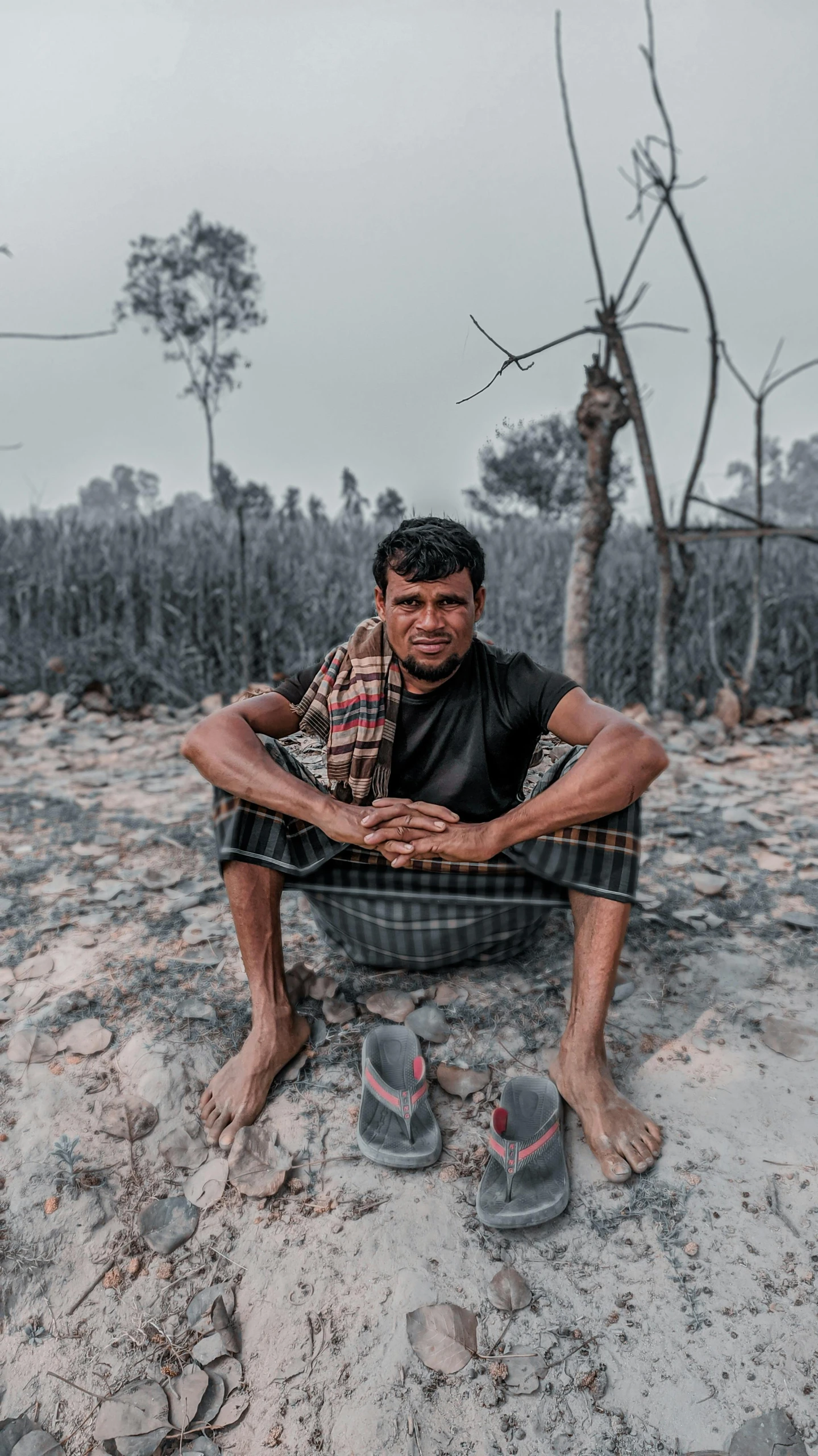 a man sitting in a bowl with his arms crossed