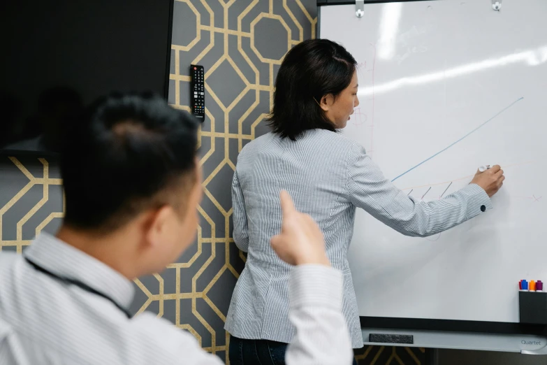 a woman is teaching on the wall