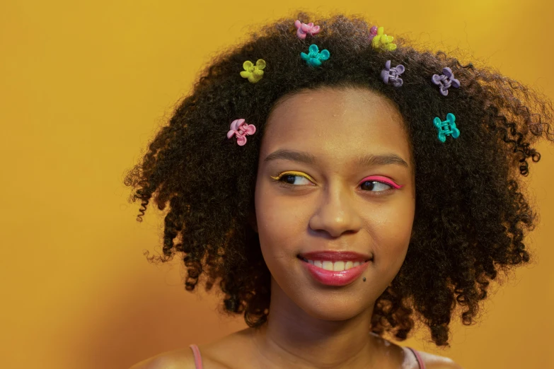 a woman wearing a bowk and erflies in her hair