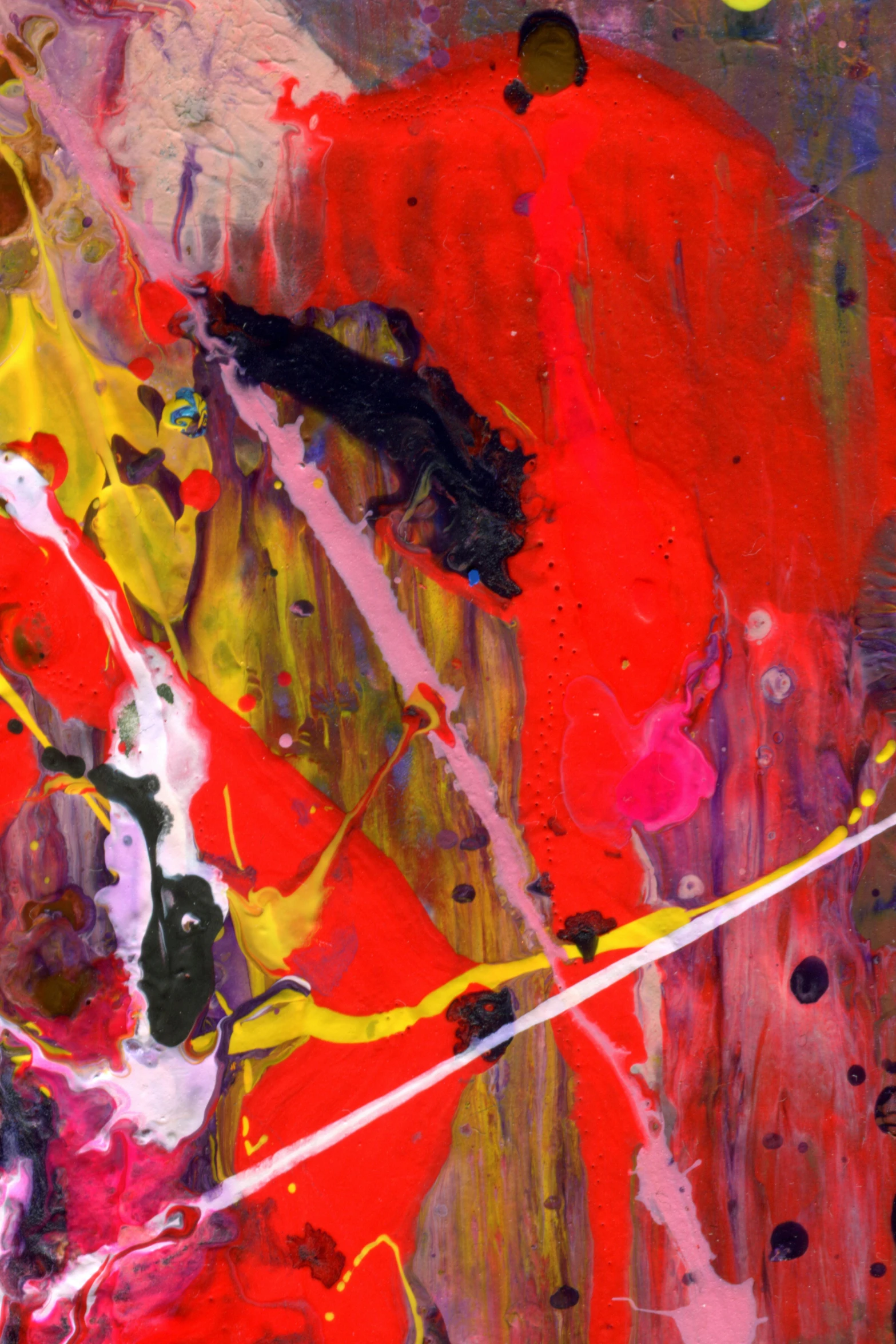 a close up of a paint splattered painting