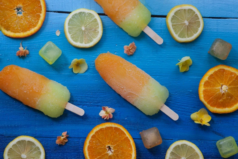 lemon and orange pops on sticks surrounded by slices of orange