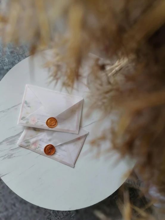 an image of a white table with two paper envelopes on it