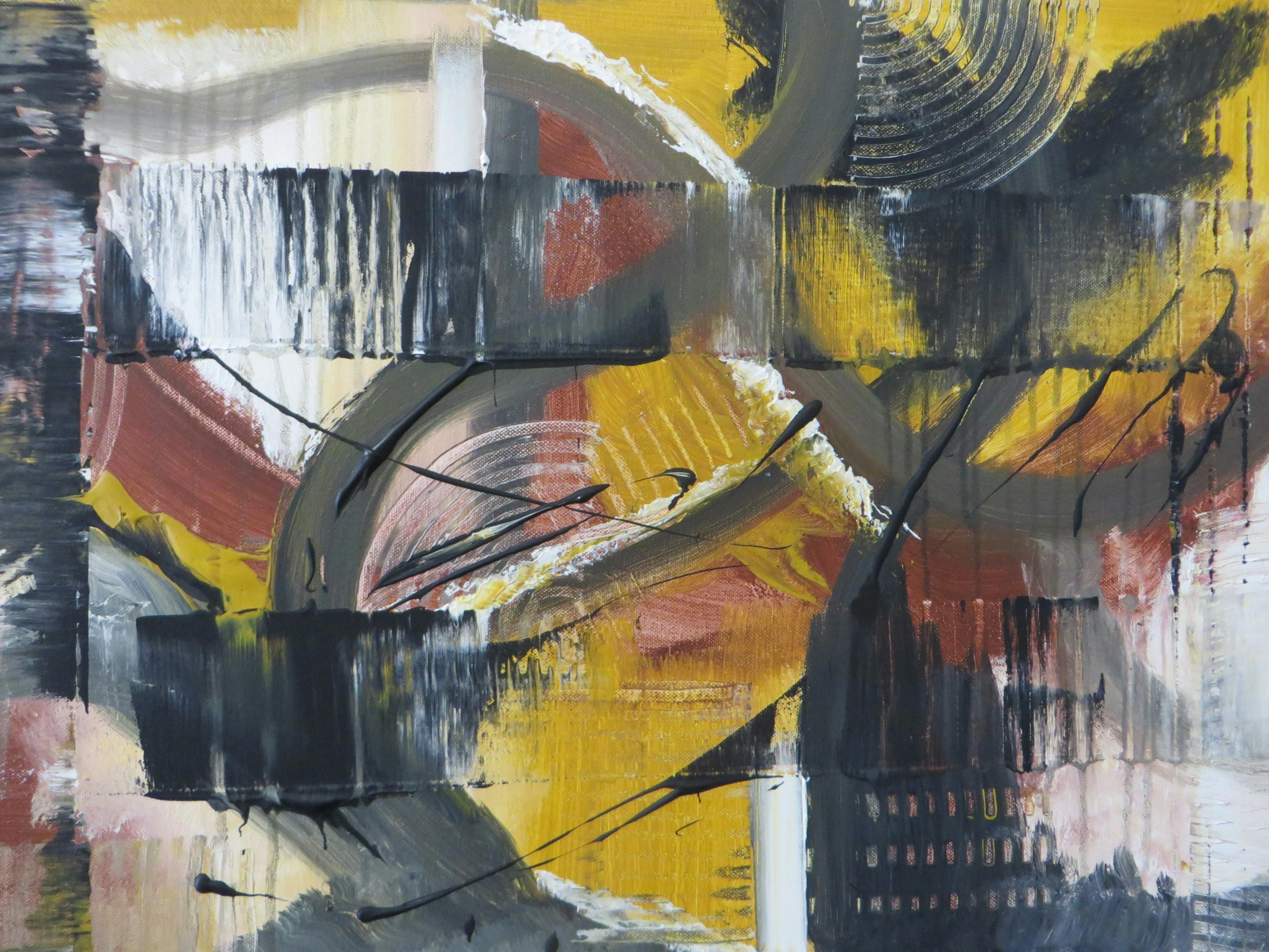 a abstract painting with yellow, grey and black colors