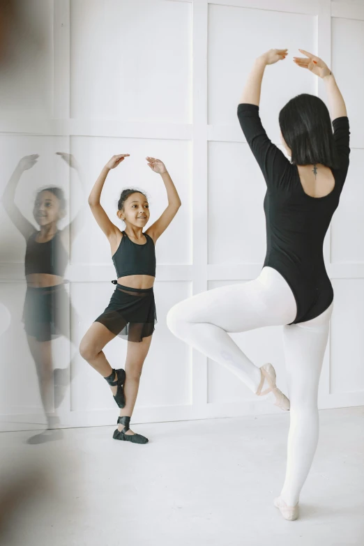 two dancers perform in front of several mirrors