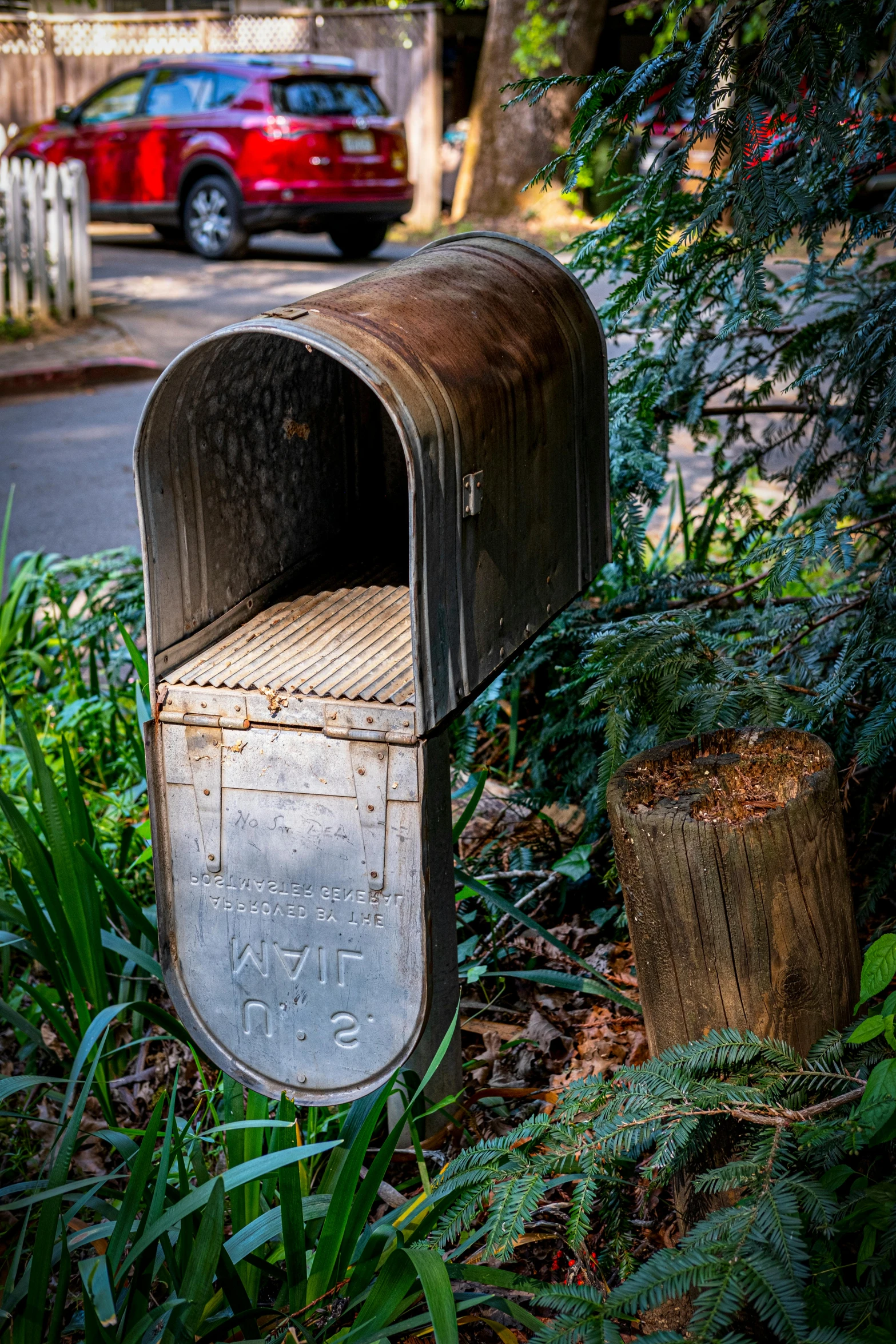 a mailbox is in the bushes on the side of the street