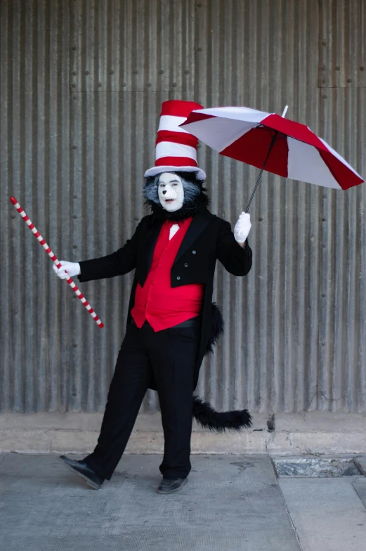 cat in the hat and striped umbrella for halloween