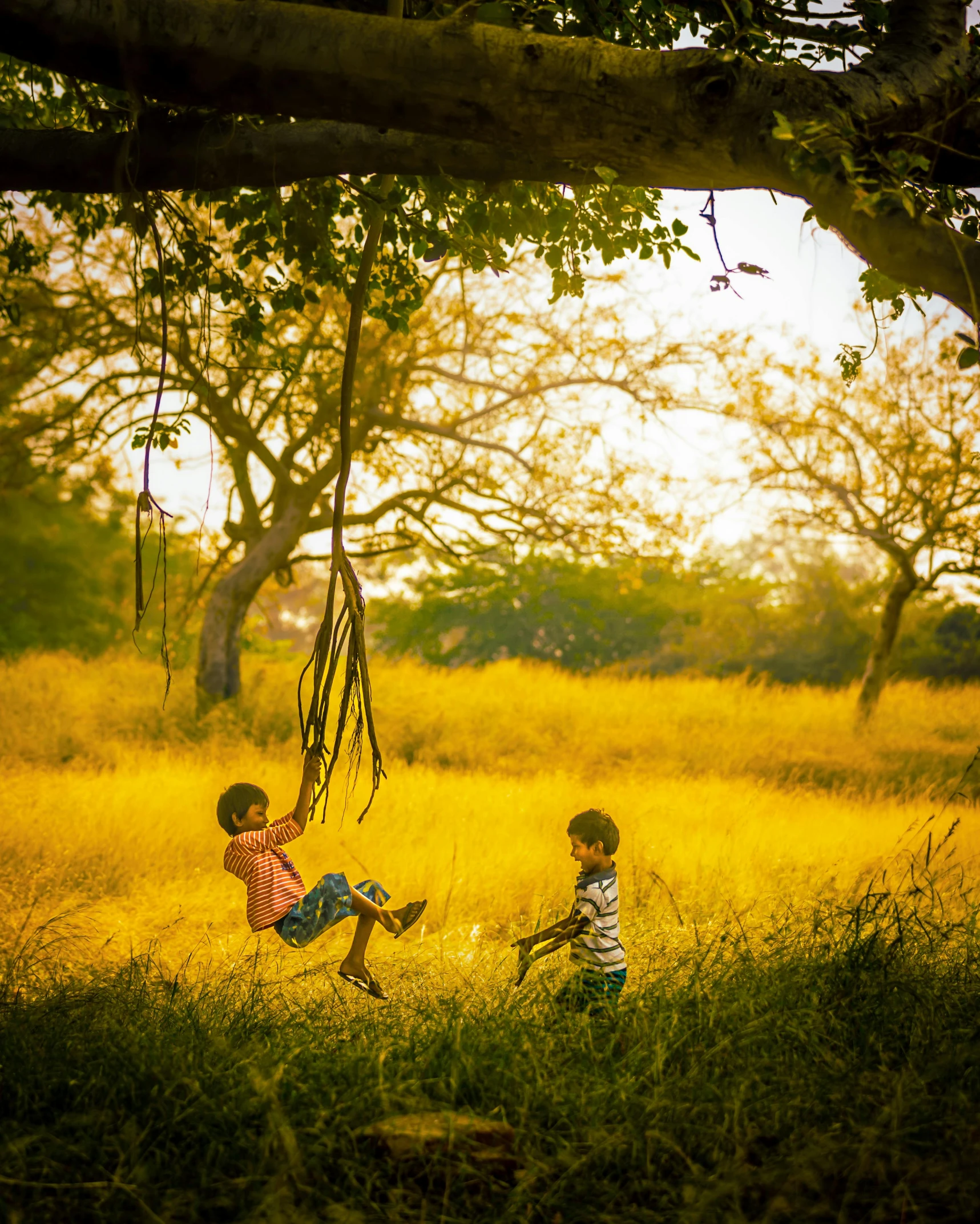 two children playing with a toy in a field