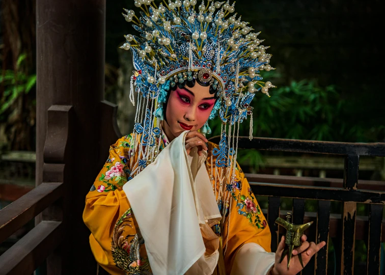 a women wearing elaborate clothing while standing next to a fence