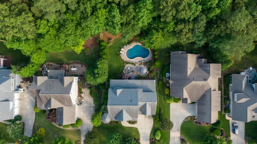 an aerial view of many houses in the woods