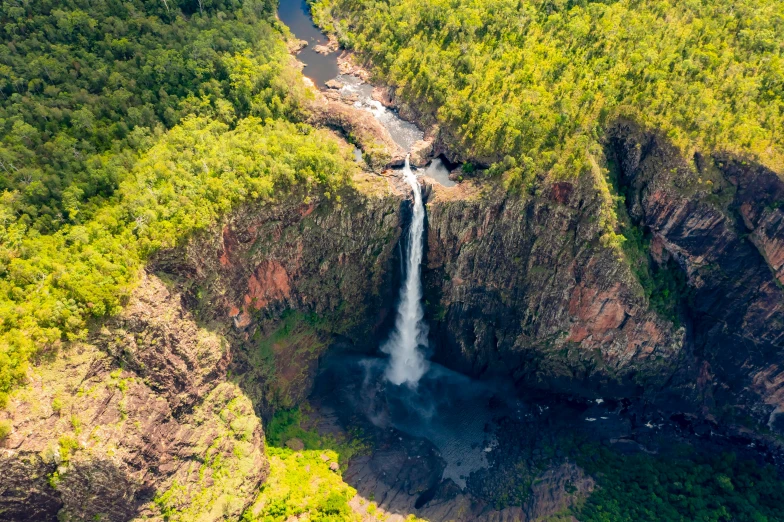 a waterfall falling into a deep green canyon