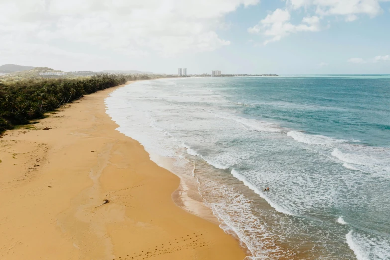 a beach with an aerial view of a lush green tropical tree line