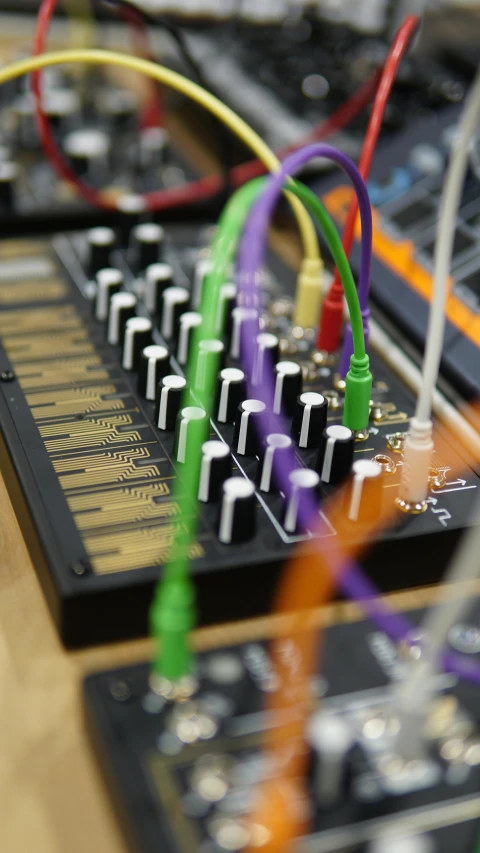 closeup image of a sound mixing unit with various audio cable connectors and wires