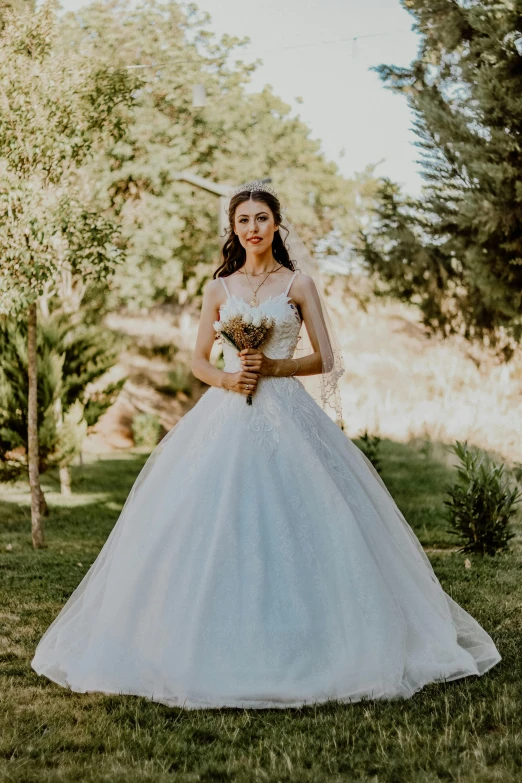 a bride in a wedding dress holding a bouquet