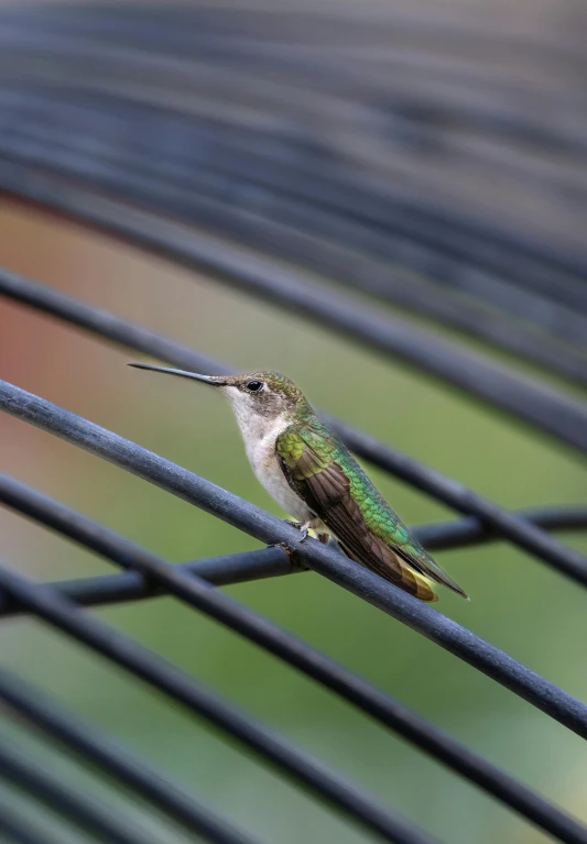 a hummingbird sitting on a wire in front of some metal bars