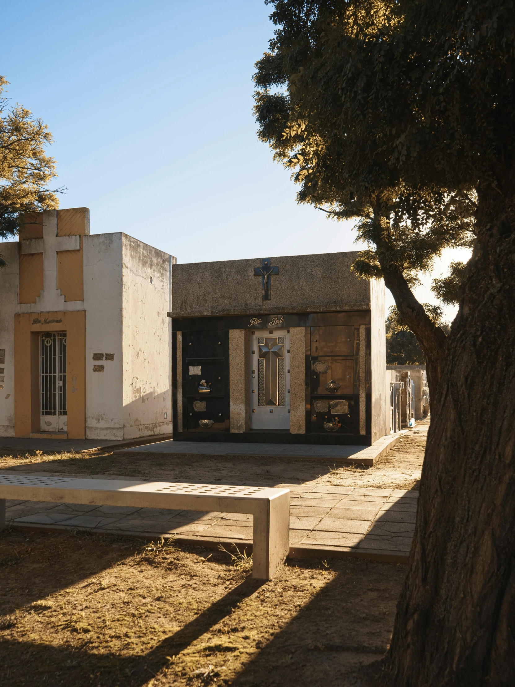 the front entrance to a small building is seen with a lone tree