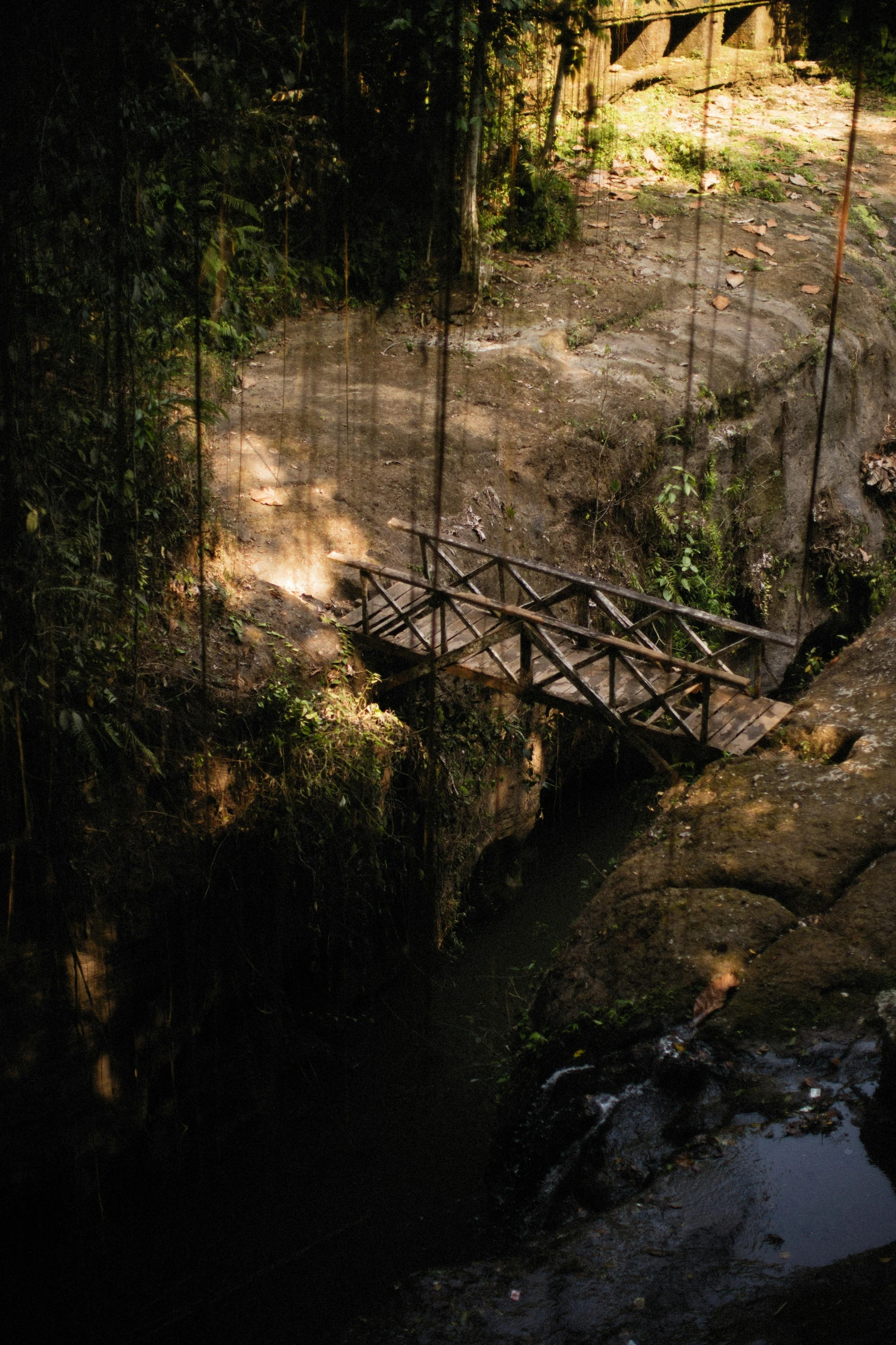 small wooden bridge with metal poles over a pond