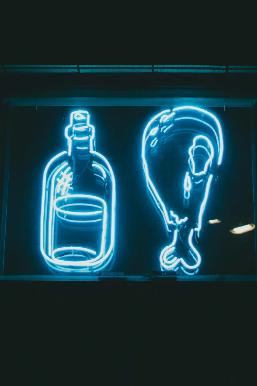 two blue neon lights shine over an illuminated bottle