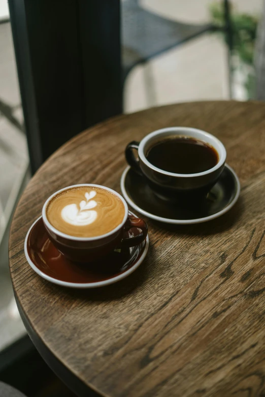 two cups of coffee sit on a wooden table