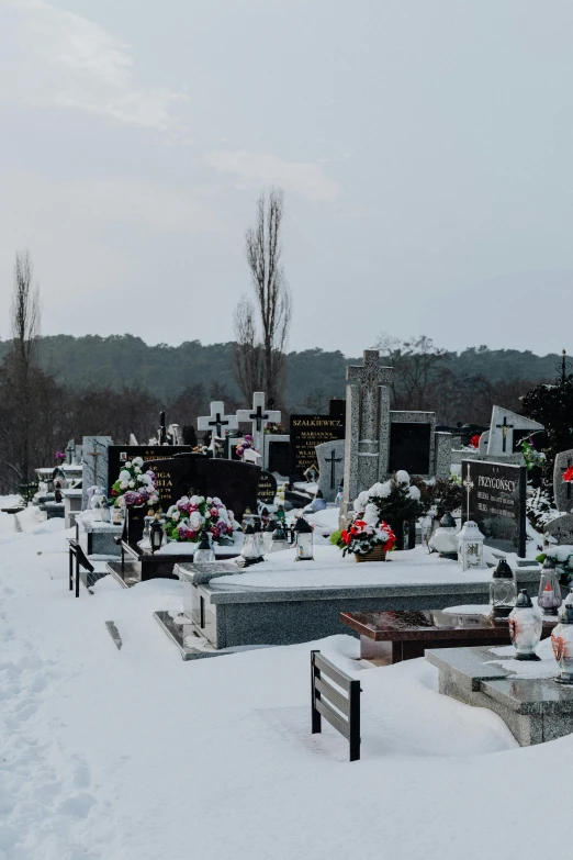 graveyard with graves and flowers covered with snow