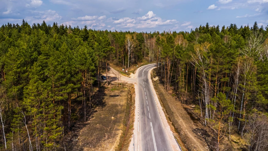 an empty highway is near a wooded area