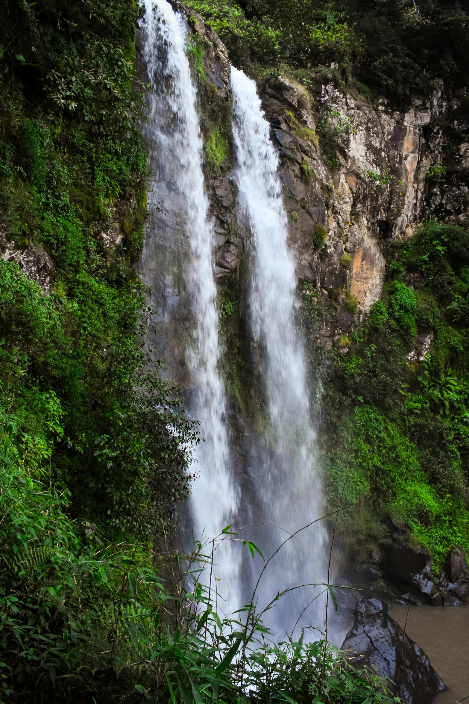 a tall waterfall surrounded by lush green trees