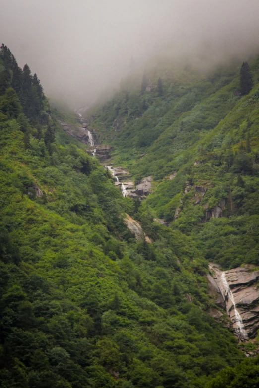 a very green mountain with a small waterfall in it