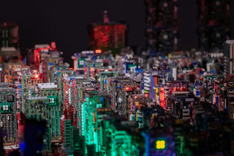 a colorful pograph of many tall buildings
