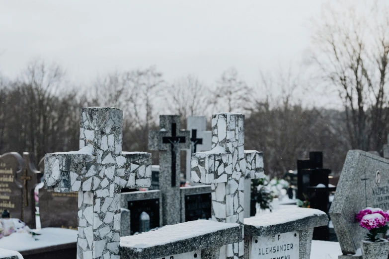 an assortment of cross heads in snow