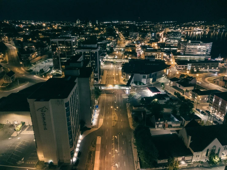 an aerial view of a city at night