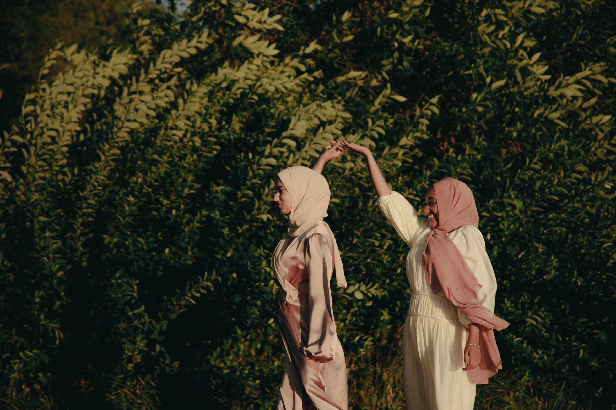 two figures are standing near a bush