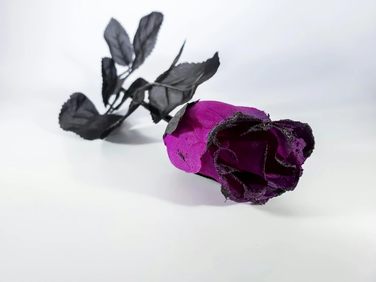 a single purple rose sitting in the middle of a table