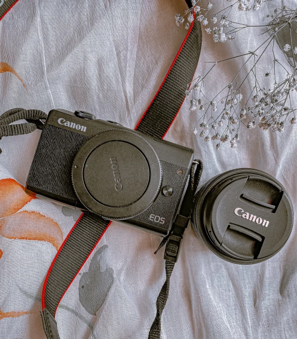 a strap holds a canon's film camera