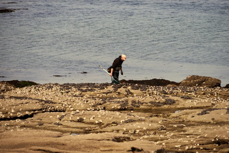 a man stands on the beach with a fish