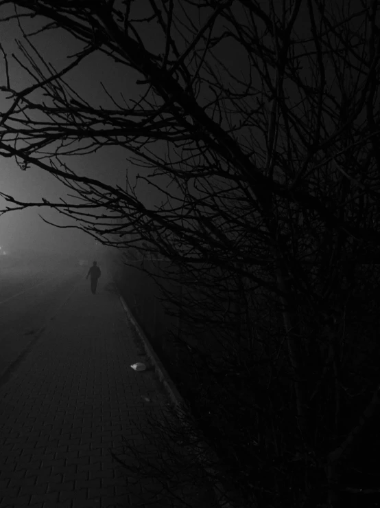 a person walking alone in the fog at night