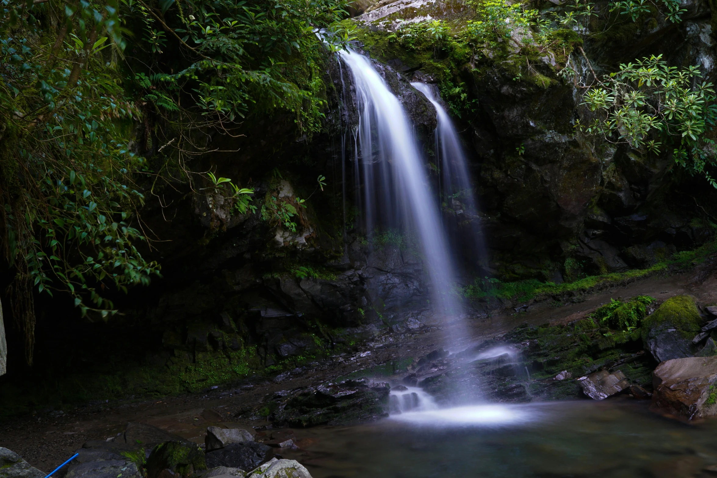 a waterfall falling down into a river surrounded by greenery