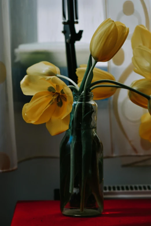 the vase has a bunch of yellow flowers in it