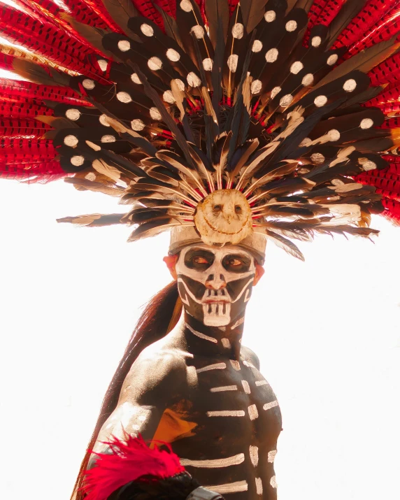 a skeleton wearing a hat with feathers and skulls