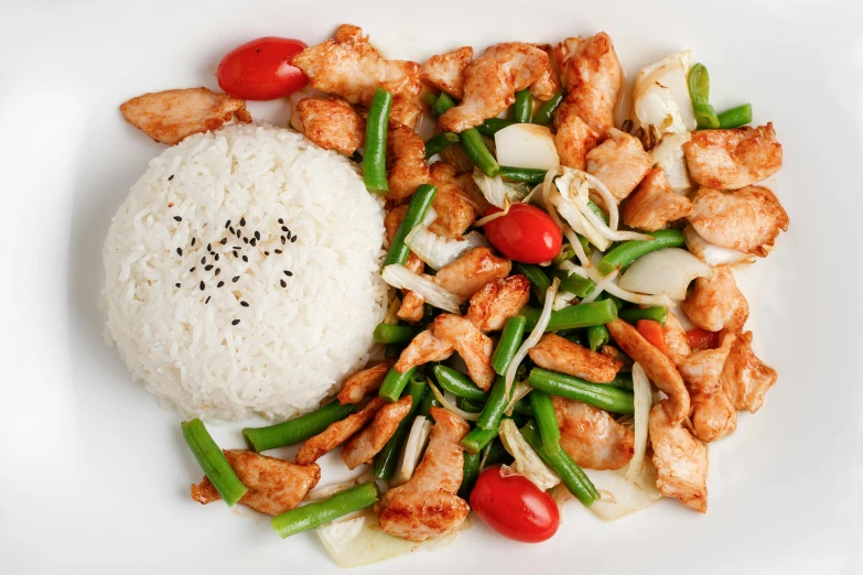 this food looks really good with rice, and it has a lot of vegetables