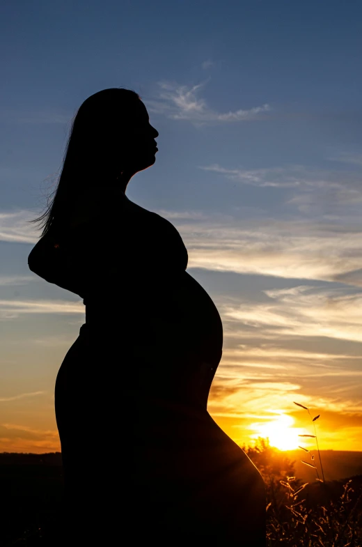 a woman is silhouetted against the sunset in the field