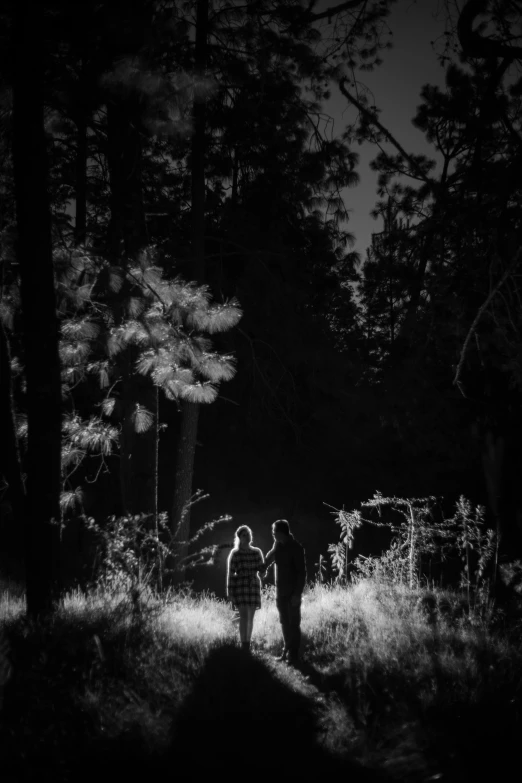 an couple walk hand in hand through the woods