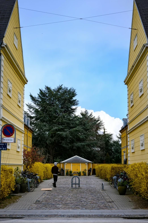 a yellow house with two doors and a walkway leading to it