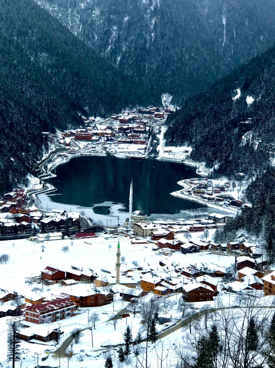 a village and its surrounding lake covered in snow