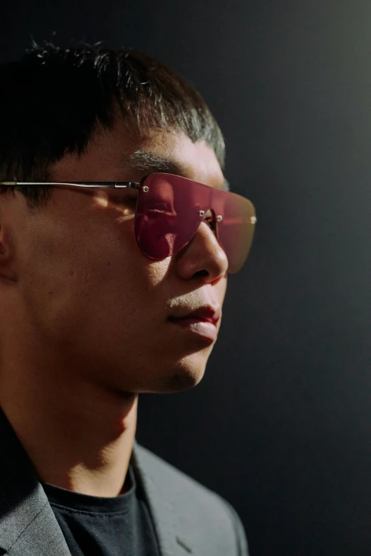 a person wearing a pair of sunglasses on a dark background