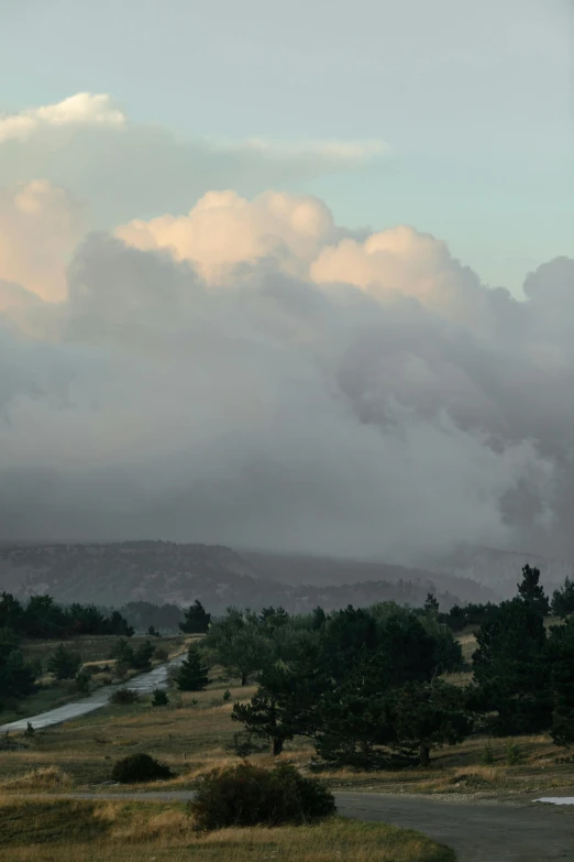 a very big grassy hill with trees and clouds