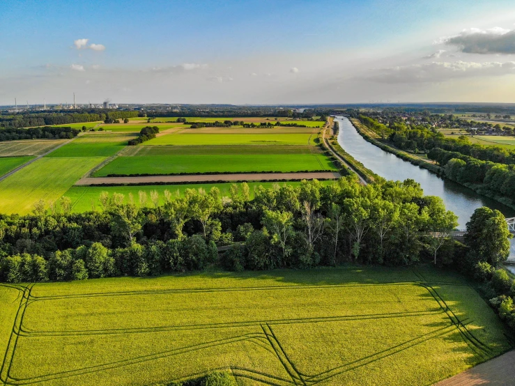 a lush green field next to a river